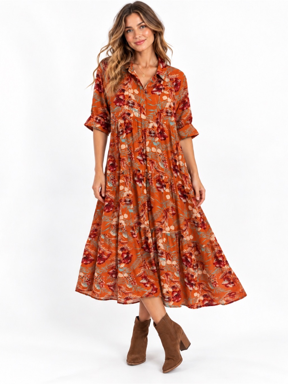 Natural Life Orange Floral Tiered Boho Midi Dress Rayon Small